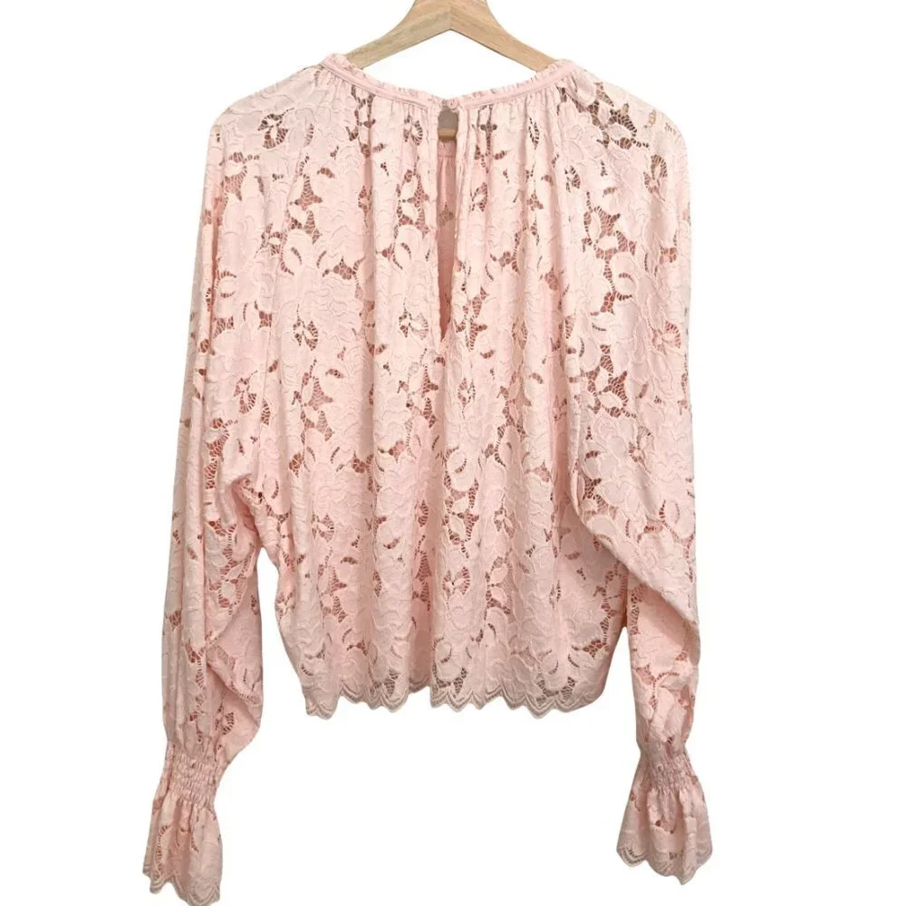 FREE PEOPLE Olivia Lace Top w/Dolman Balloon Poet Sleeves Pink Blush